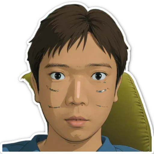 A boy with a black nose and blue shirt.