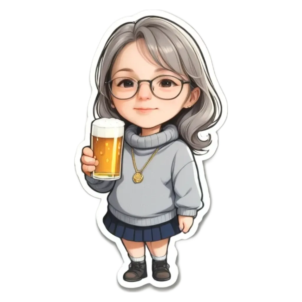 A girl with a necklace and a drawing of herself with a beer.
