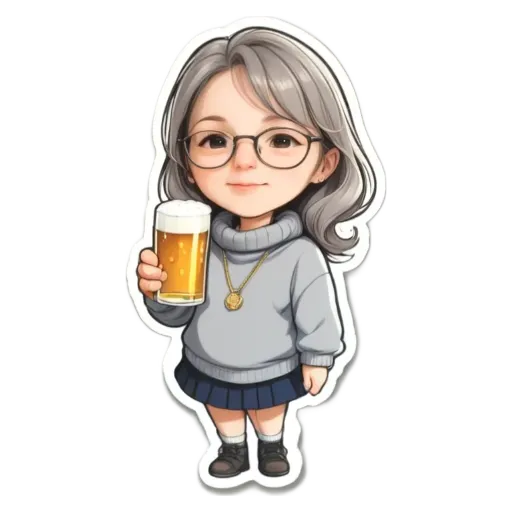 A girl with a necklace and a drawing of herself with a beer.