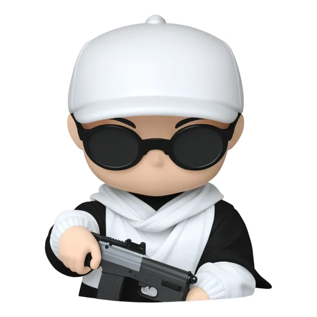 A figure with a gun is wearing sunglasses and a white hat.