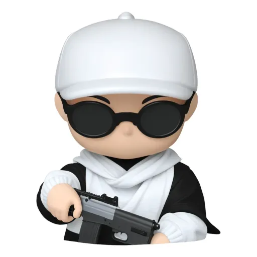 A figure with a gun is wearing sunglasses and a white hat.