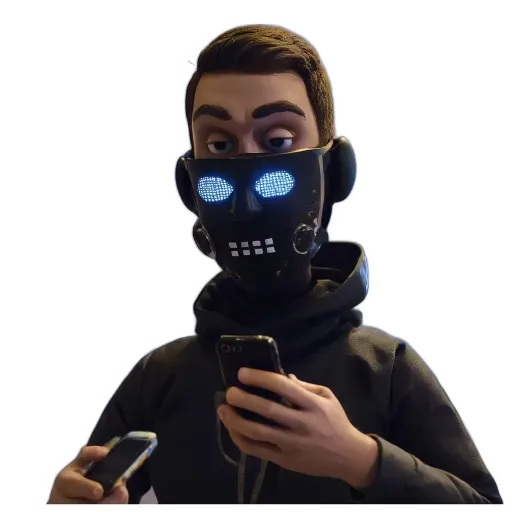 A man holding a cell phone in his hand wearing a mask.