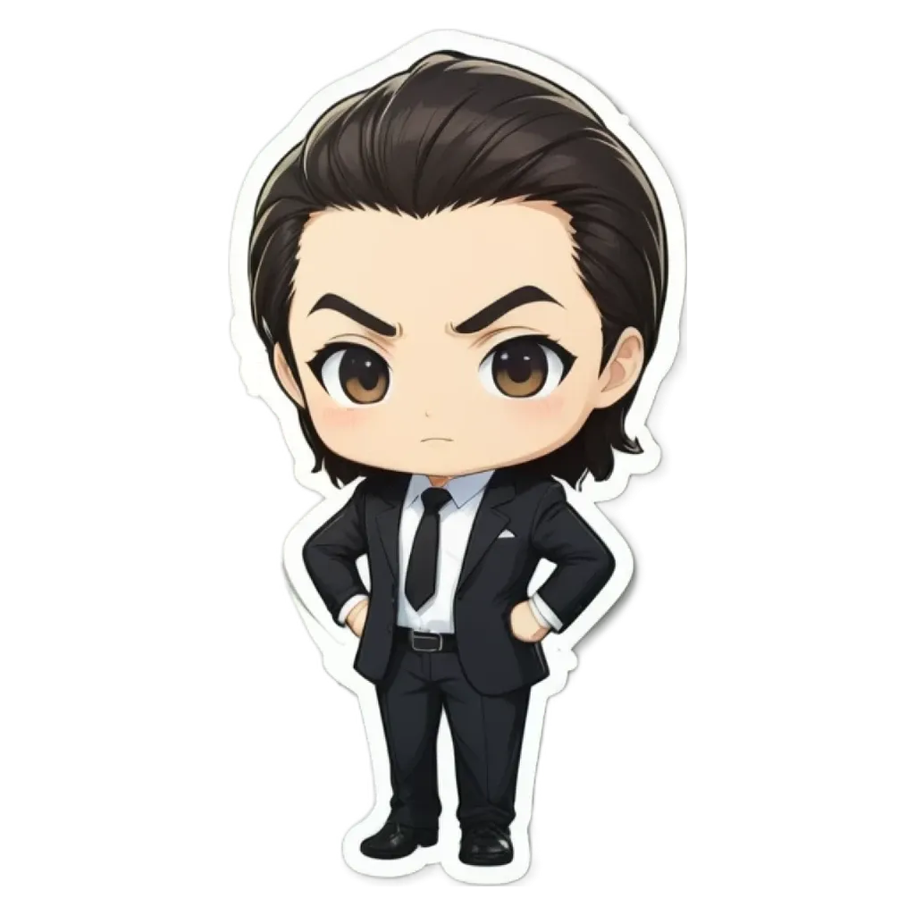A boy is wearing a suit and tie with his hands on his hips.