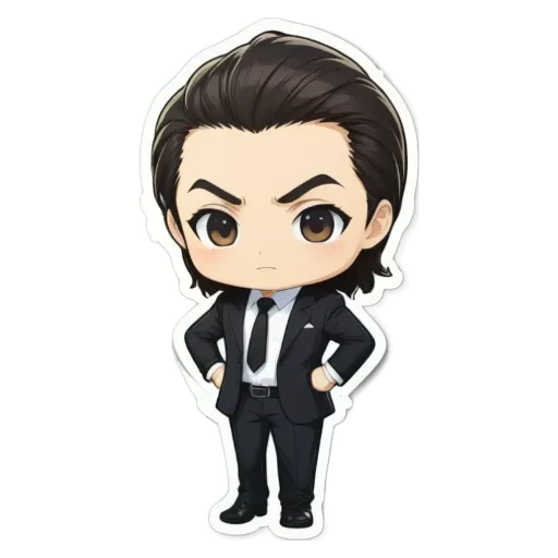 A boy is wearing a suit and tie with his hands on his hips.
