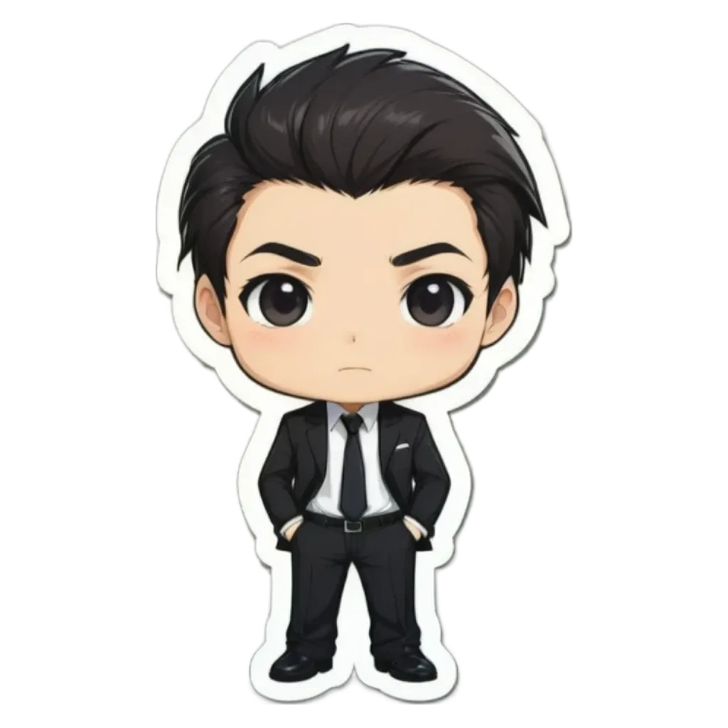 A boy is wearing a black suit and tie.