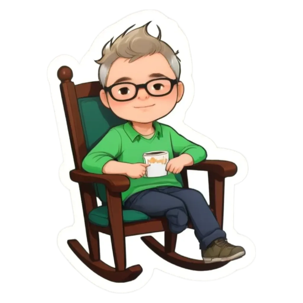 A sticker of a man in glasses sitting in a rocking chair with a coffee mug.