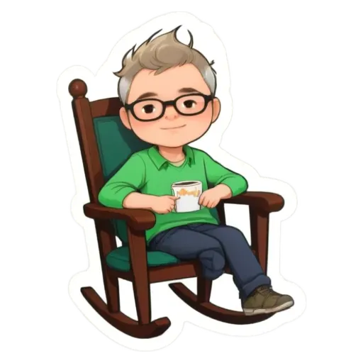 A sticker of a man in glasses sitting in a rocking chair with a coffee mug.