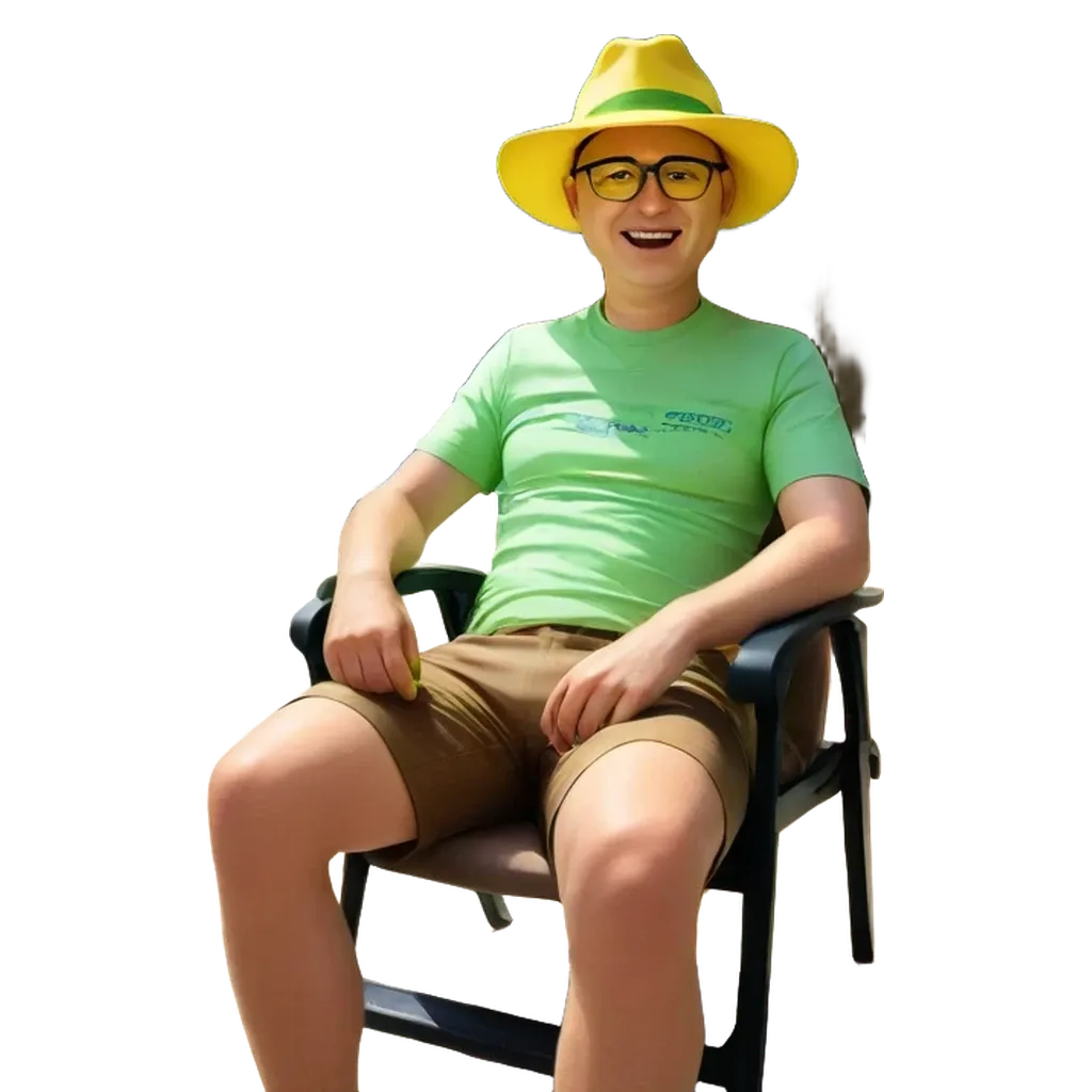 A boy in a green shirt and hat is sitting in a chair and smiling.
