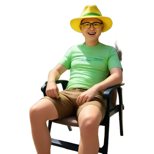 A boy in a green shirt and hat is sitting in a chair and smiling.
