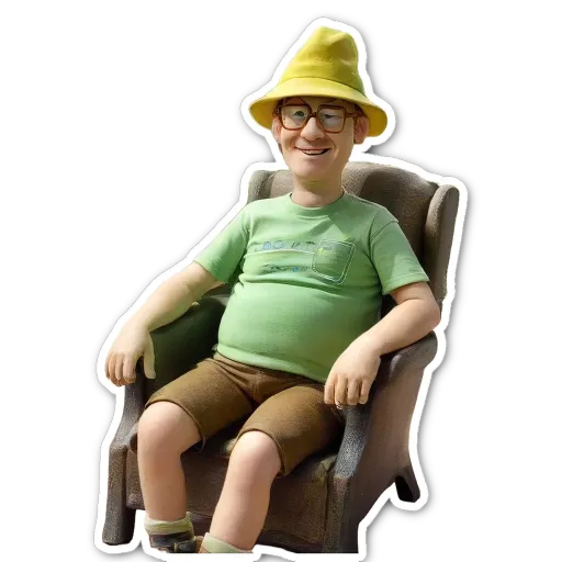 A man in a green shirt and hat is sitting in a chair.
