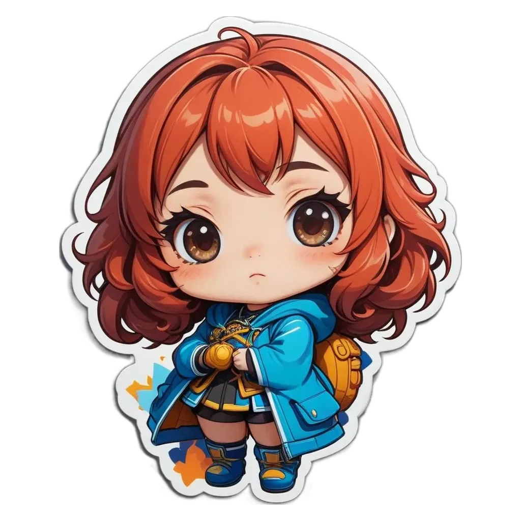 A girl with red hair and wearing a blue jacket.