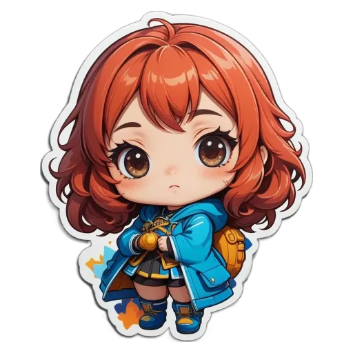 A girl with red hair and wearing a blue jacket.