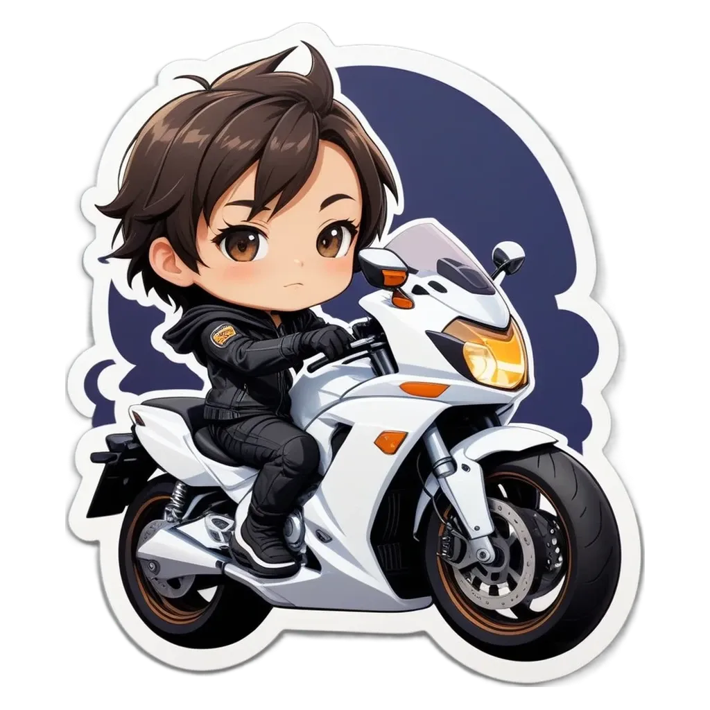 A boy is riding a motorcycle in a sticker.