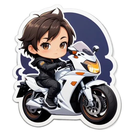 A boy is riding a motorcycle in a sticker.