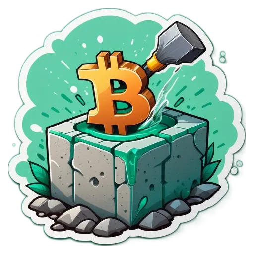 An image of a block with a shovel in the middle of it that is labeled 'bitcoin'.
