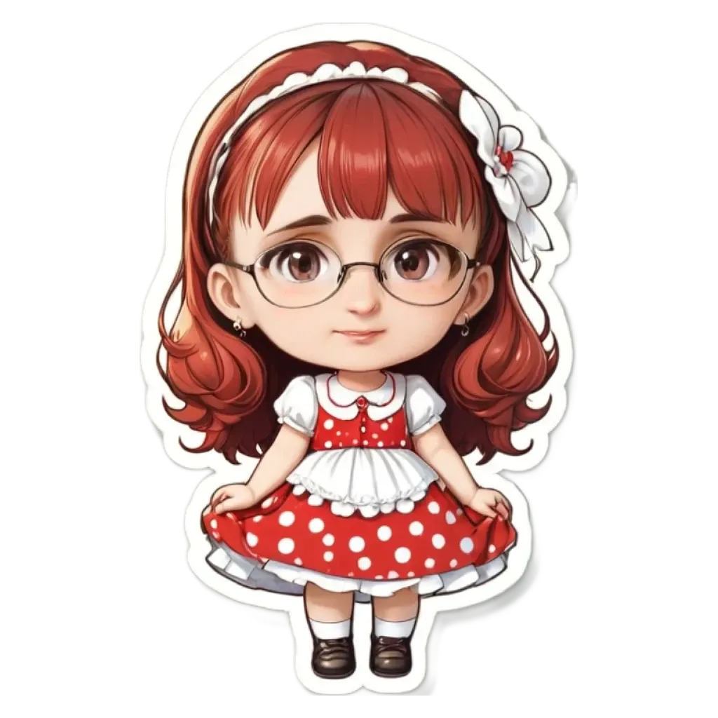 A girl wearing a white and red dress with white dots on it.