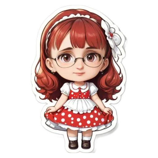 A girl wearing a white and red dress with white dots on it.