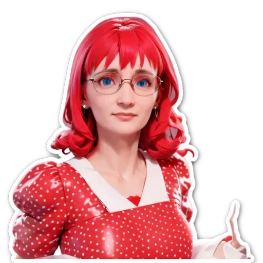 A red headed woman wearing a polka dot dress.