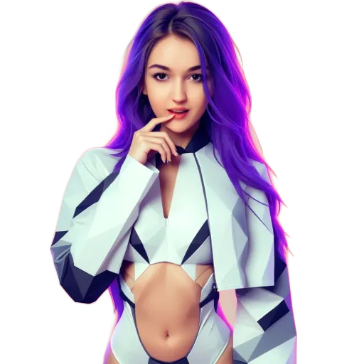 A woman with purple hair in a white and black outfit.