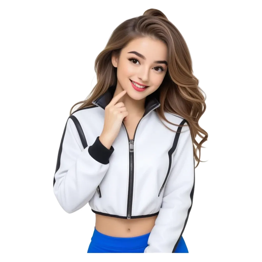 A girl wearing a white jacket is posing for the camera.