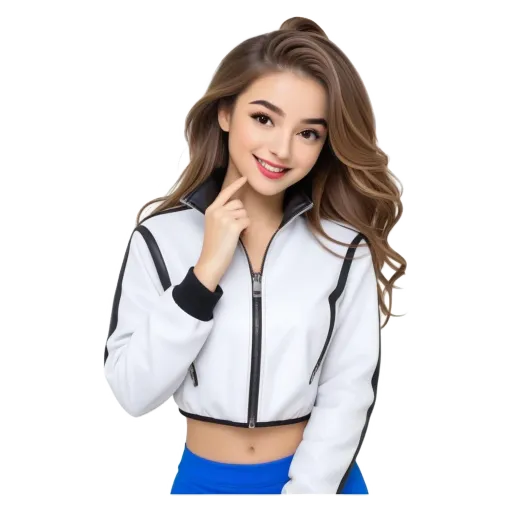 A girl wearing a white jacket is posing for the camera.