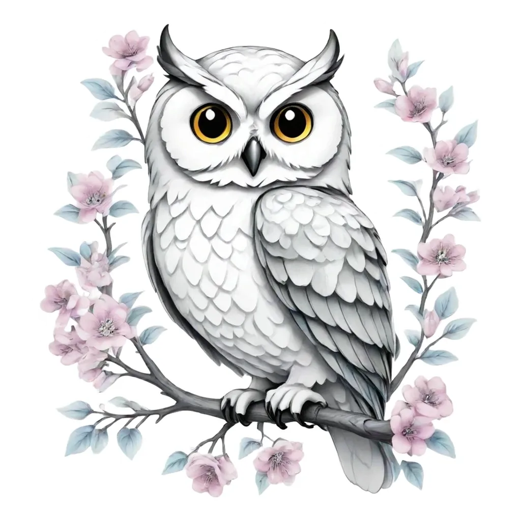An owl is sitting on a branch with flowers around it.