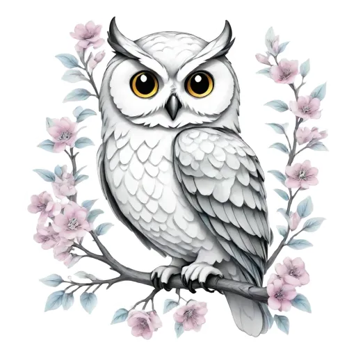 An owl is sitting on a branch with flowers around it.