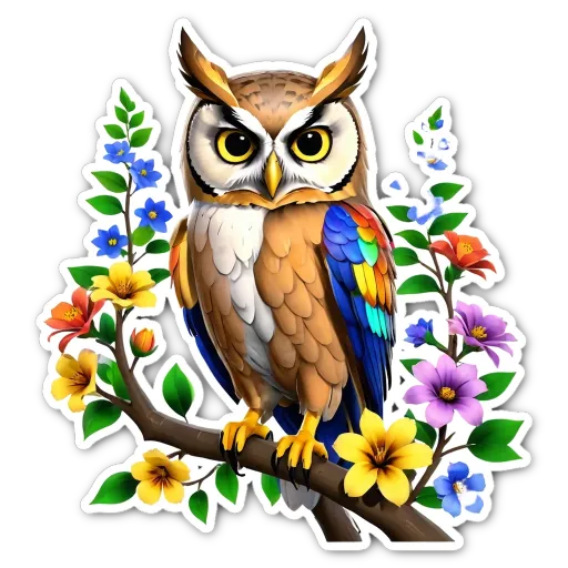 An owl is perched on a branch with flowers.
