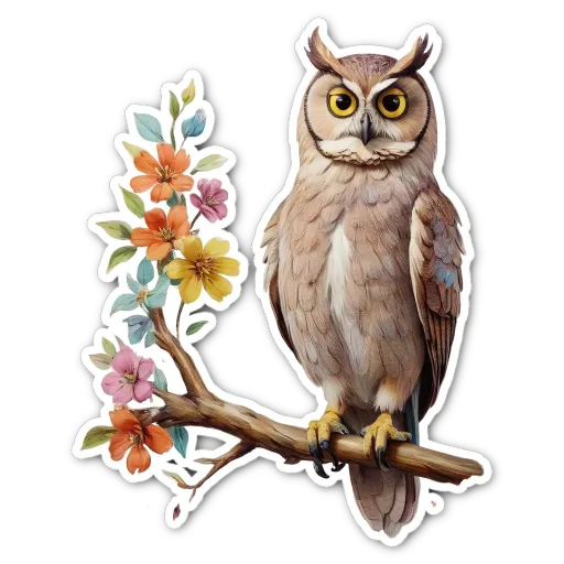 An owl perched on a branch with flowers.
