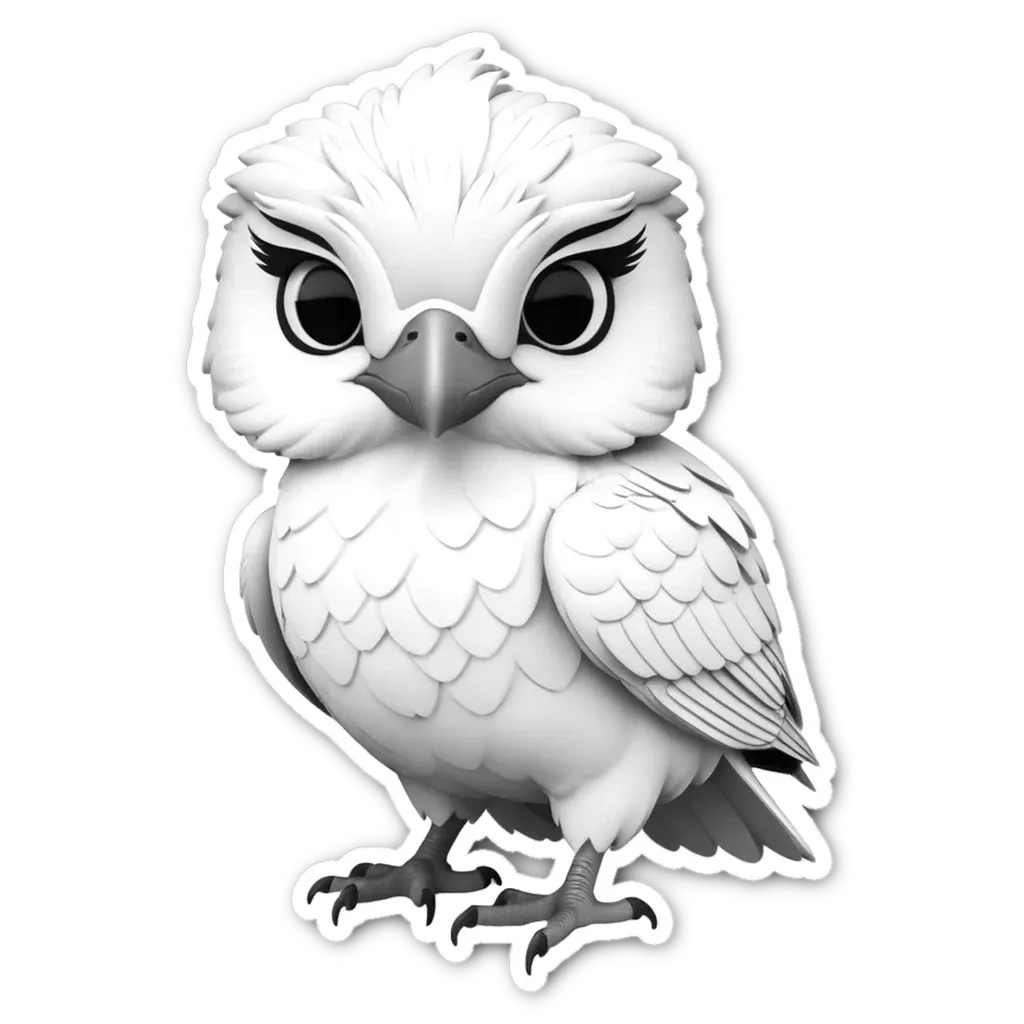 A white owl sticker on a black background.