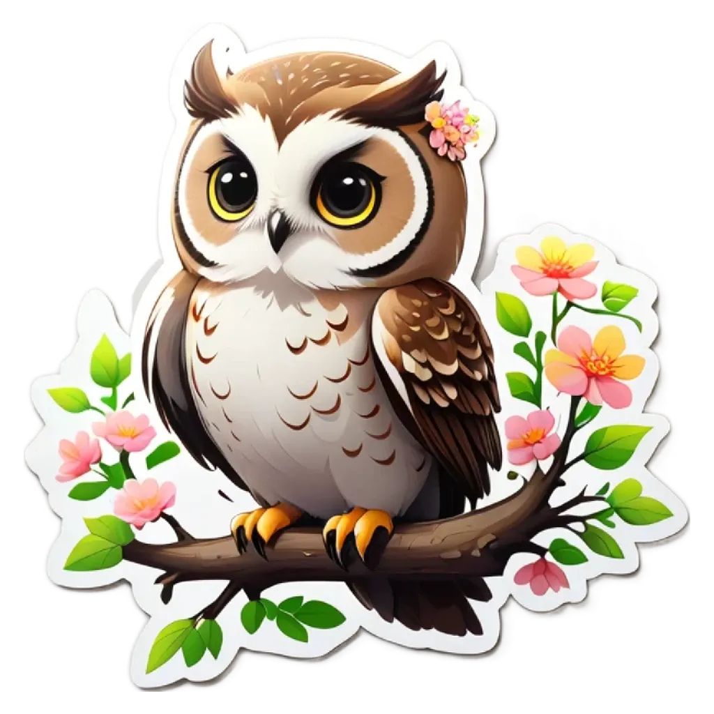 A owl is sitting on a branch with flowers.