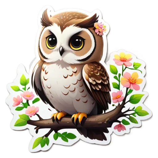 A owl is sitting on a branch with flowers.