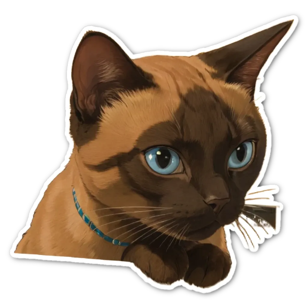 A cartoonish drawing of a cat with blue eyes.