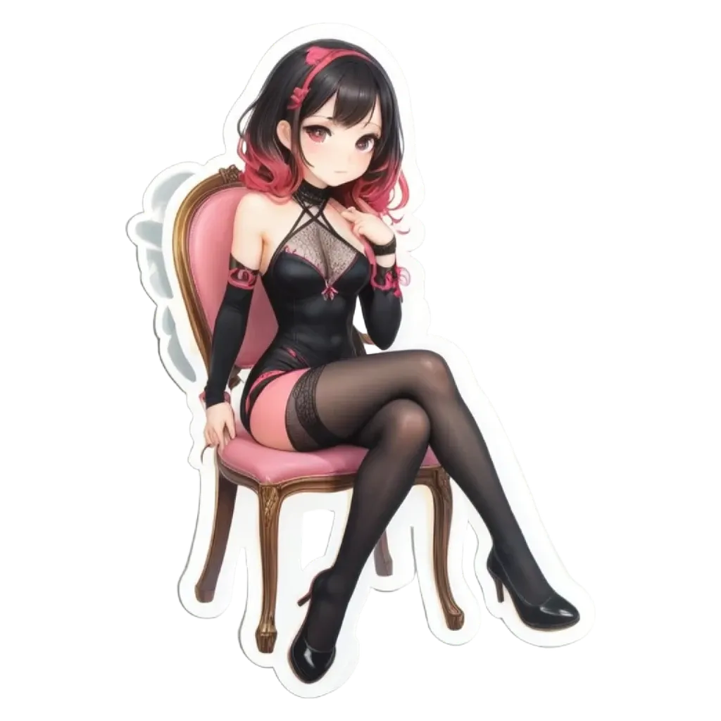A sticker of a girl sitting in a chair.