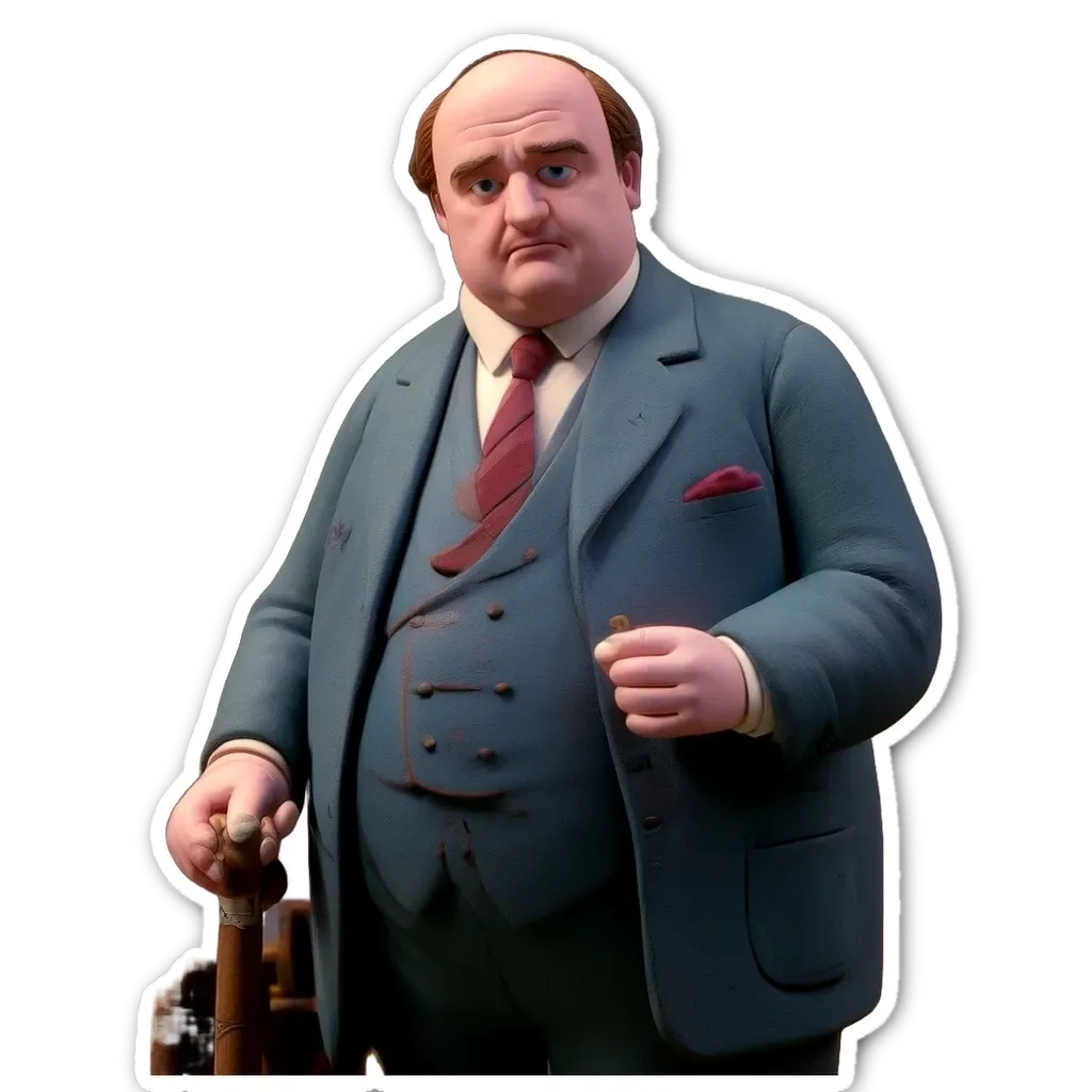 A fat man with a cane holding a tie and a cigarette.