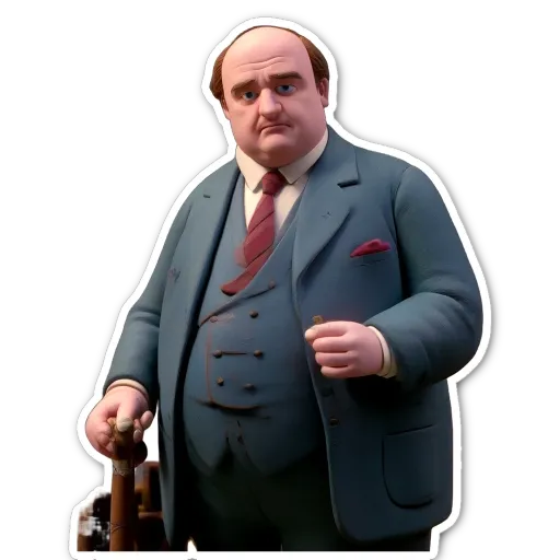 A fat man with a cane holding a tie and a cigarette.