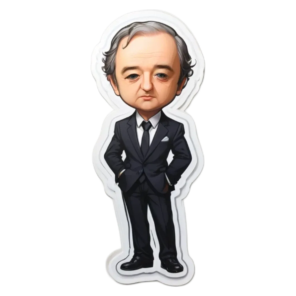 A cartoonish drawing of a man in a suit with his hands in his pockets.