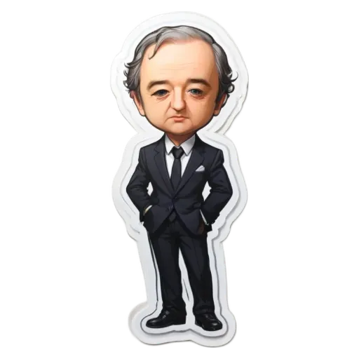 A cartoonish drawing of a man in a suit with his hands in his pockets.