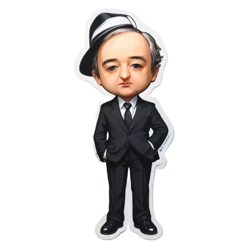 A cartoonish drawing of a man in a suit and fedora.