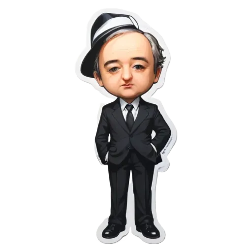 A cartoonish drawing of a man in a suit and fedora.