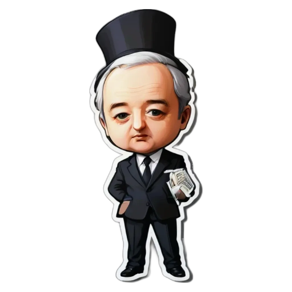 A cartoonish drawing of an older man wearing a top hat and tie.