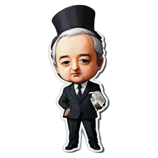 A cartoonish drawing of an older man wearing a top hat and tie.