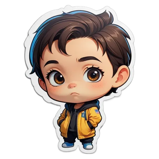 A boy is wearing a yellow jacket and standing with his hands in his pockets.