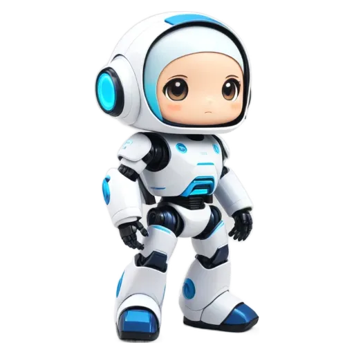 A robot that is white and blue in color.