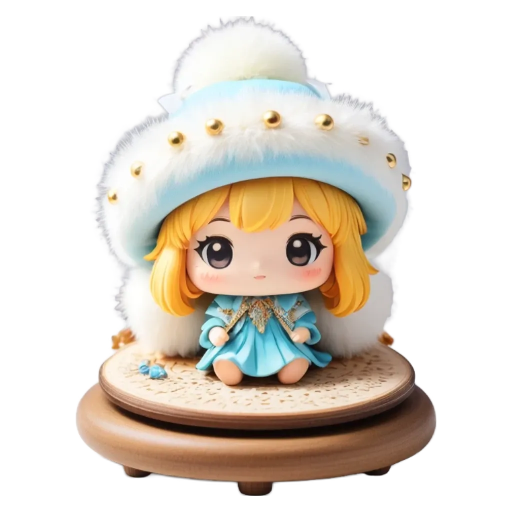 A blue and white cartoon character is sitting on a wooden surface.