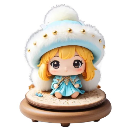 A blue and white cartoon character is sitting on a wooden surface.