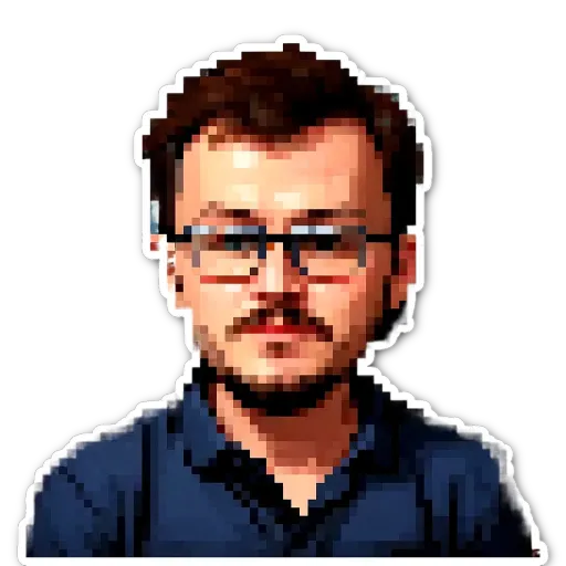 A very brief description of a pixelated man wearing glasses.