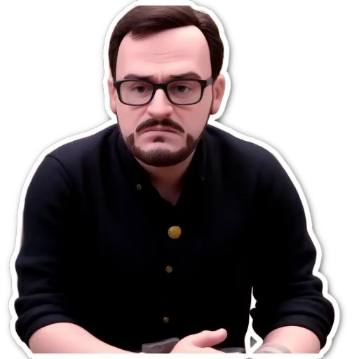A man with a button down shirt and glasses sits looking upset.