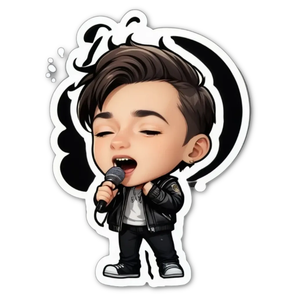A boy is singing into a microphone that is on a black background.