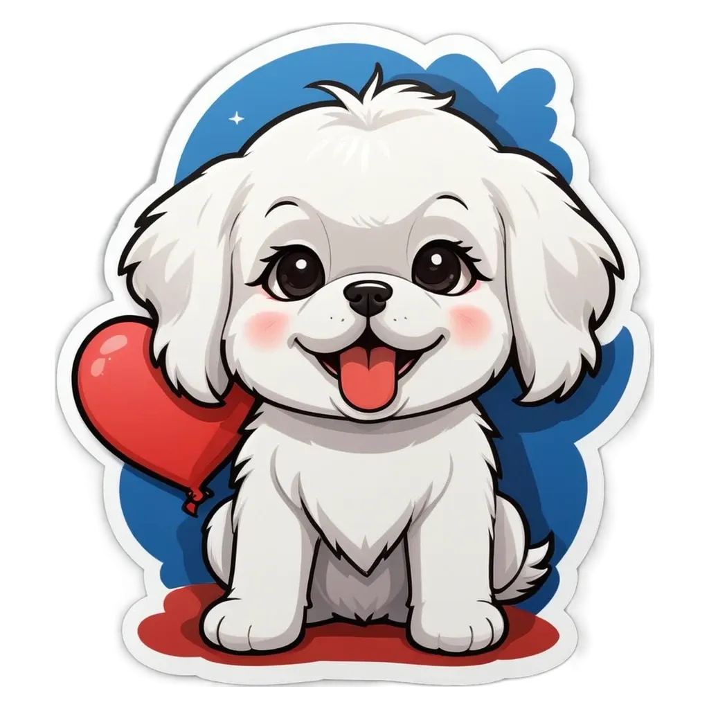 A white dog with a red heart is sitting on the floor.